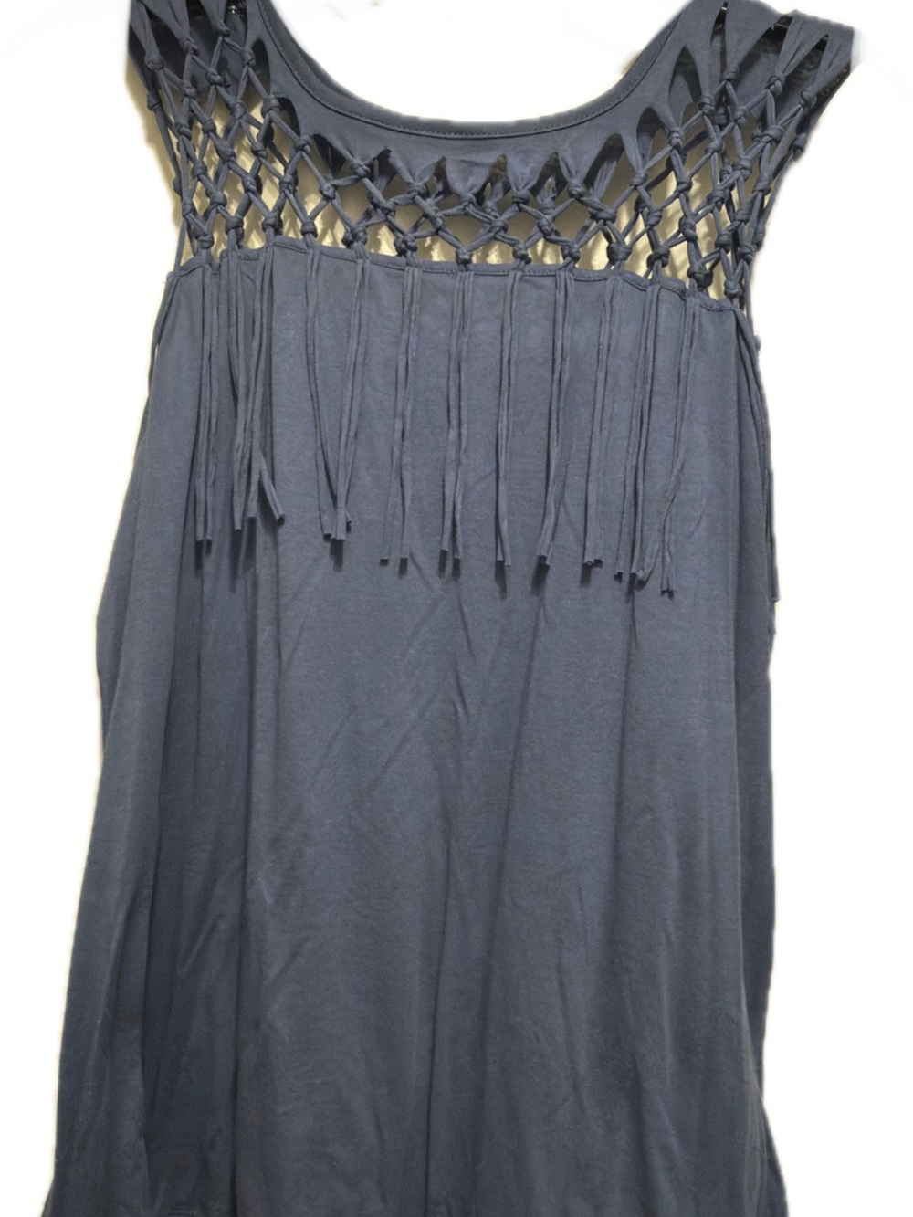 Sleeveless Fringe Macramé Yoke Tank - Slate Blue